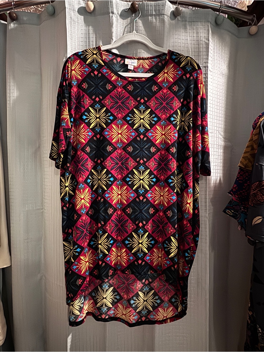 LuLaRoe Black Dress with Red and Yellow Geometric Floral Print